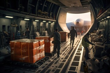 Military air base. Loading works. Military supply system for modern military operations. Process of unloading and redistributing ammunition and weapons for modern warfare. - obrazy, fototapety, plakaty