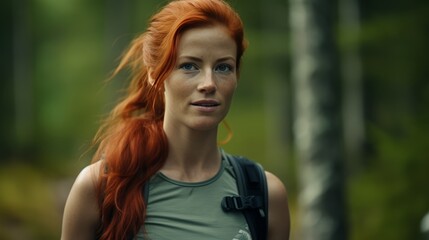 Red Haired Women Amputee with Amputation Going for A Hike and Run