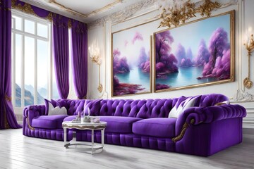  luxury purple  sofa's room on right side, and white color left side of the room, with beautiful painting of landscap river in frames,  with white background,  with silk curtons, light mode
