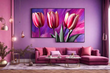  luxury living room, with painting of a tulip flowers, with pink and purple background, light mode
