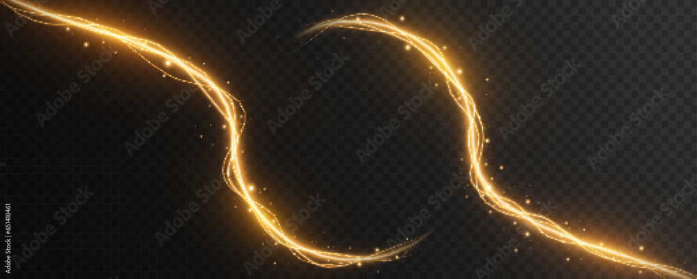 Poster abstract glowing magic frame of luminous neon curved lines with dynamic magical golden particles iso