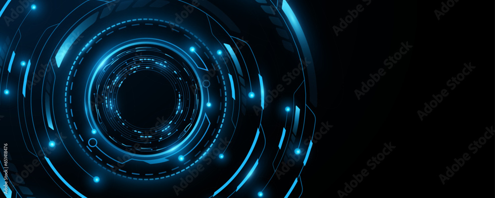 Poster Digital glowing HUD circles. Futuristic virtual dashboard display. Cyber circuit board with light effects. GUI and UI design for your project. Vector illustration.