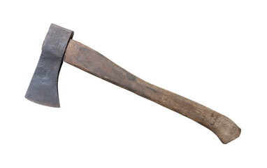 Old rust dirty dark gray axe with brown wooden handle isolated on white background with clipping path