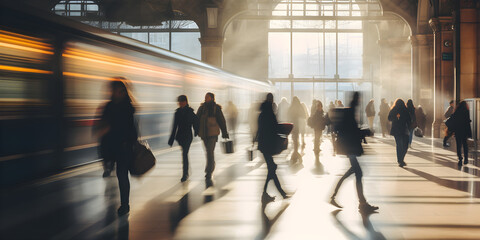 Blurred background of a train station with commuters. pedestrians walking on platform, motion blur, reflections, lights, Abstract motion blurred pedestrians