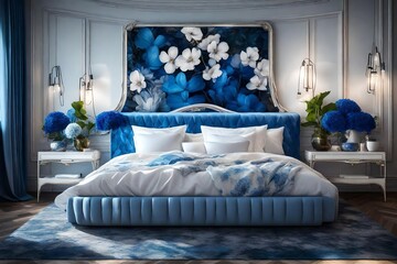  luxury white color bed, with painting of flowers into room with lights