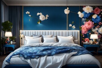  luxury white color bed, with blue two pillow on the bed, with painting of flowers into room out side view of night, with lights