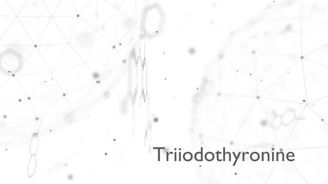 Triiodothyronine ,T3, liothyronine thyroid hormone molecule. Pituitary gland hormone. Also used as drug to treat hypothyroidism. Skeletal formula.