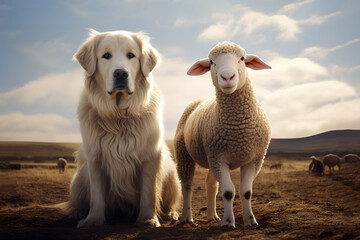 Image of sheep and labrador dog showing friendship. Animals, Generative AI, Illustration.