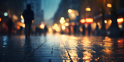 Blurred background of a modern street at night in the rain. pedestrians walking on sidewalk, raining motion blur, reflections, lights, Abstract motion blurred pedestrians - obrazy, fototapety, plakaty