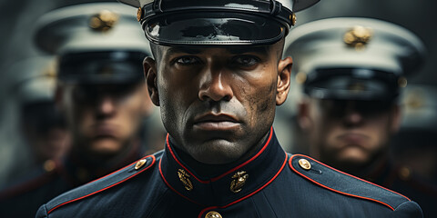 A US Marine stands in front of other soldiers in full dress uniform. Close-up - obrazy, fototapety, plakaty