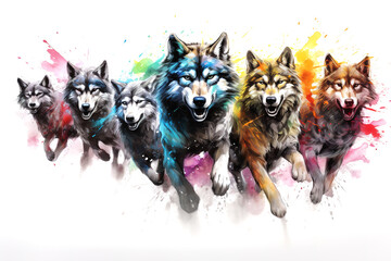 Image of herd of colorful wolf is running on white background. Wildlife Animals. Generative AI. Illustration.. - obrazy, fototapety, plakaty