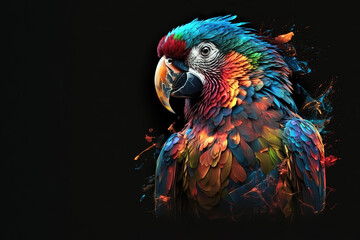 Image of colorful parrot bird head on black background. Birds, Wildlife Animals, Generative AI, Illustration.