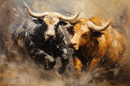 Beautiful paintings two bulls are fighting fiercely. Wildlife Animals, Generative AI, Illustration.