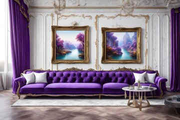  luxury purple  sofa's room with beautiful painting of  river in frames,  with white background