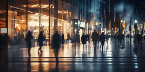Blurred background of a modern street at night. pedestrians walking on sidewalk, motion blur, reflections, lights, Abstract motion blurred pedestrians - obrazy, fototapety, plakaty