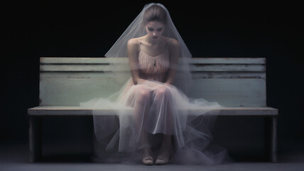 A portrait of a young bride a bridesmaid in a gown and veil sitting alone on a bench. - obrazy, fototapety, plakaty