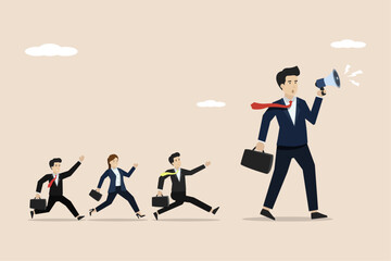 Fototapeta premium Leadership for team direction, leading the team to achieve goals, motivating employees, entrepreneur leading employees to progress towards success. Illustration of a successful businessman.