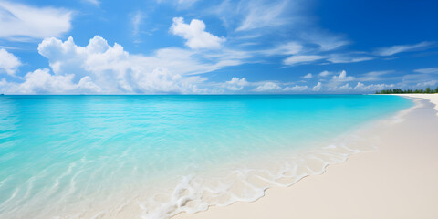Fototapeta premium Beautiful sandy beach with white sand and rolling calm wave of turquoise ocean on Sunny day on background white clouds in blue sky. Island in Maldives, colourful perfect panoramic natural landscape