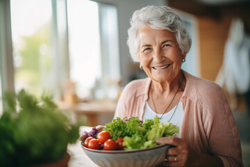 aging woman stands in her kitchen, wearing a radiant smile as she holds a bowl filled with a fresh and healthy salad, simple pleasures of nourishing oneself with vibrant, nutritious food - obrazy, fototapety, plakaty