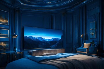  luxury bedroom, with blue background ,painting of a landscape, night mode - obrazy, fototapety, plakaty