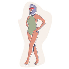 Illustration of a beautiful fashion model posing in a stylish swimsuit wearing sunglasses. Young attractive woman in beachwear.