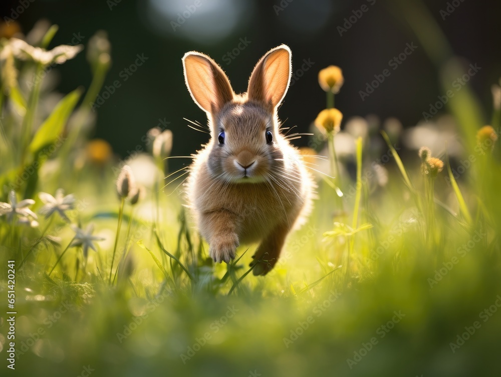 Poster a rabbit is running through a field of grass. generative ai.