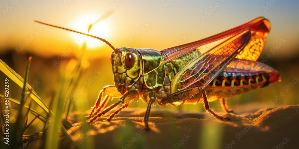 Poster a close up of a grasshopper with the sun in the background. generative ai.