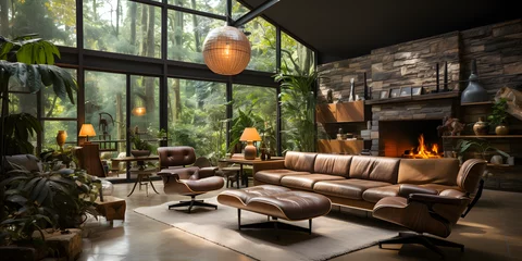 Deurstickers  Brown leather chairs and grey sofa in room with fireplace. Mid-century style home interior design of modern living room © Samira