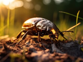 A close up of a beetle on the ground. Generative AI.