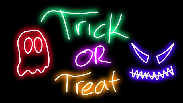 4k animated neon text typography trick or treat for halloween