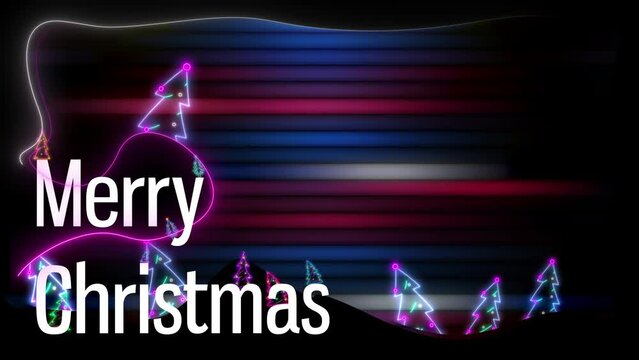 merry christmas wish with glowing neon lines around with christmas trees on text title. Glowing blurred background for holiday color palette