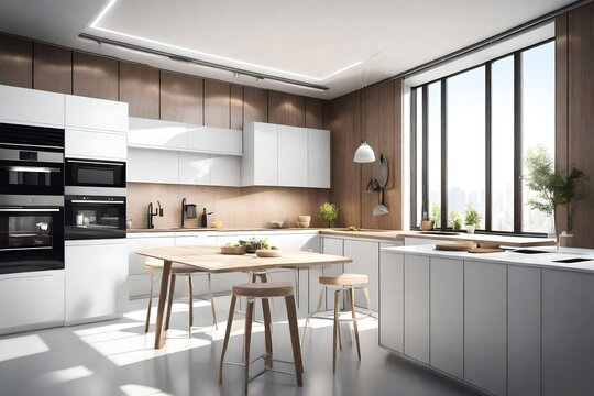  luxury kitchen room, with beautiful LED TV on the wall of front is on, with full white  background 