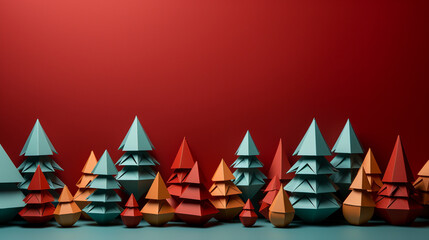 Paper origami Christmas trees on solid background with copy space