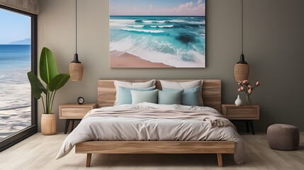Coastal style interior design of modern bedroom with empty mock up poster frame - obrazy, fototapety, plakaty