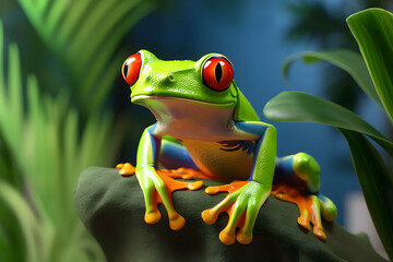 Green tree frog Agalychnis callidryas with red eyes - obrazy, fototapety, plakaty