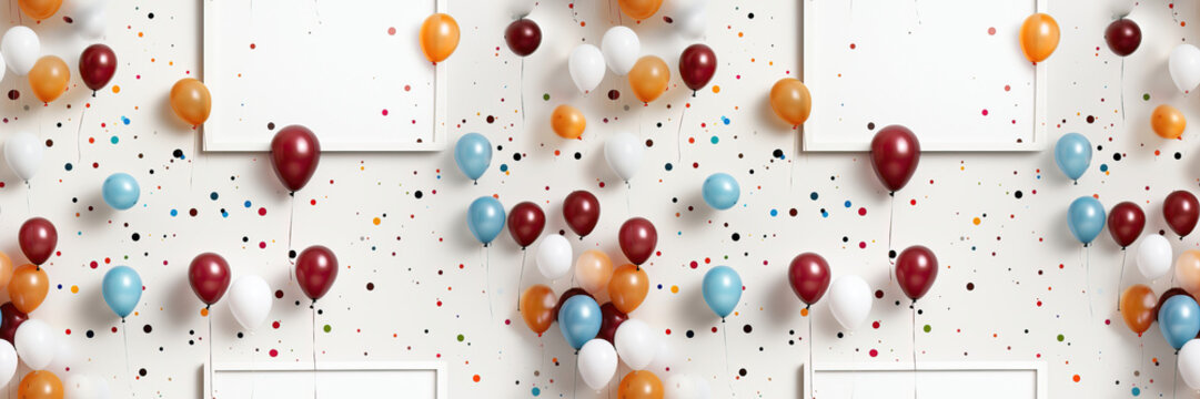 Seamless. A background image with mockup frames featuring colorful balloons against a white background, providing a versatile template for adding your content. Photorealistic illustration
