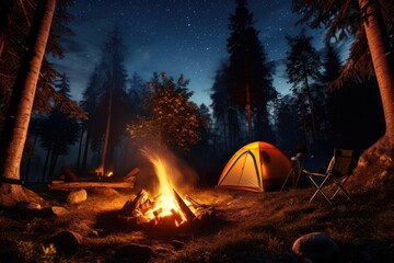 tent in the forest and a fire under the stars