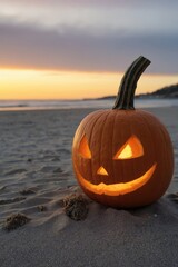 Jack O'Lantern on a beach at sunset