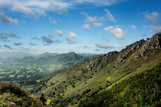 Magnificent panorama of the Rhune in the French Basque Country with the view of the Pyrennees