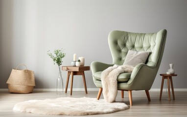 Cozy curved tufted wing chair with pillows in boho interior. Generative AI