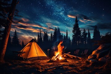 tent in the forest and a fire under the stars - obrazy, fototapety, plakaty