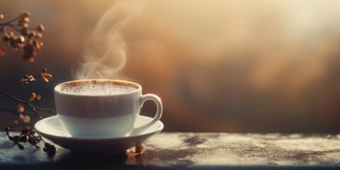 Cup of Coffee on a wooden Table on a Autumn blurred Background Outdoor, Copy space