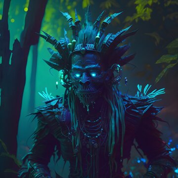 witch doctor with neon accents eerie forest green ethereal cinematic view iridescent octane render 