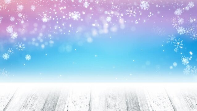 Holidays festive glittering with blurred snow forest and wooden empty. Snowflakes falling on a particles bokeh lights christmas winter seasonal background.