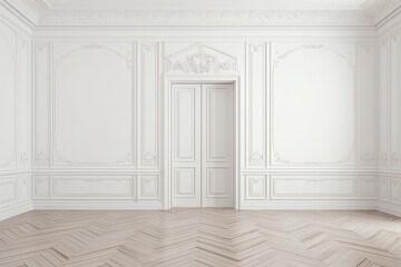 The interior of an empty room with white parquet and white walls in plaster