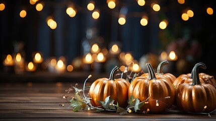 Thanksgiving - Pumpkins On Rustic Table With Candles And String Lights, copy space
