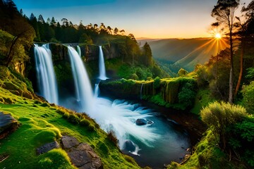 waterfall in the mountains, waterfall in sunrise, waterfall in morning