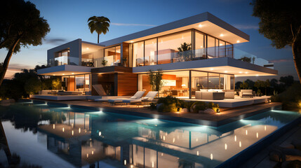 Obraz premium Exterior of modern minimalist cubic villa with swimming pool at sunset