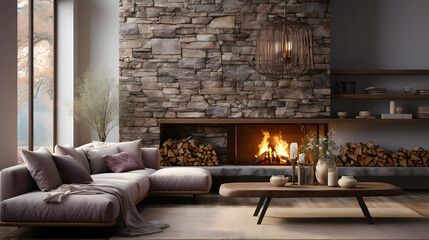 Fireplace decorated with stone tiles in minimalist interior design of modern living room with sofa