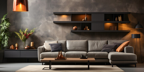  Gray sofa and tv unit in loft interior design of modern living room